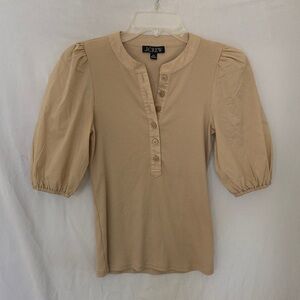 J. Crew Khaki Striped Puff Sleeves Square Neck Ribbed Blouse XXS